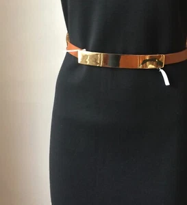 NEW ST JOHN KNIT WOMENS BELT SZ M 34" TO 36" CAMEL BROWN LEATHER GOLD BUCKLE