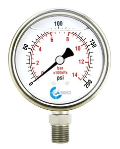 2" Pressure Gauge, Stainless Steel Case, Liquid Filled, Lower Mnt, 200 PSI - Picture 1 of 4