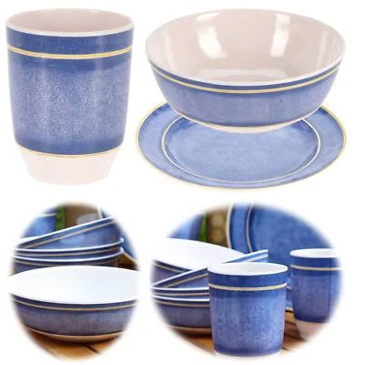 Camping-Geschirr Set 12-tlg 4 Pers Blau Weiß Teller Tassen Schüssel Essgeschirr - Bild 1 von 4