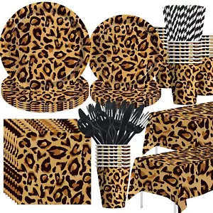 Leopard Print Party Supplies Safari Theme Tableware Set Serve 24 Guests - Picture 1 of 7