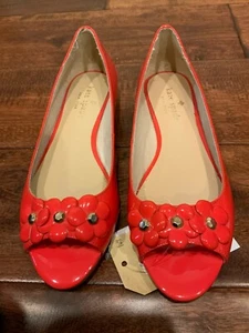 Kate Spade Red Patent Leather Peep Toe Flats W/ Floral Detail, Size 5 (US) - Picture 1 of 8