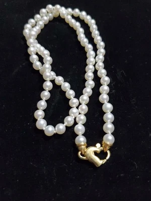 Collar Estate Oro Amarillo 14k Perla Anudada Cierre Corazón 18" Firmado M 14KT Foto 1 de 4