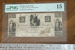 1830-40'S $3 PENSACOLA FLORDIA PMG 15 NOTE - Picture 1 of 7