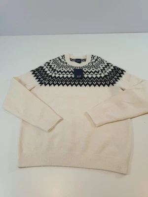 GAP Sweater Men's Large Cream Black Fair Isle Pullover Recycled Wool Blend NWT - Image 1 of 4