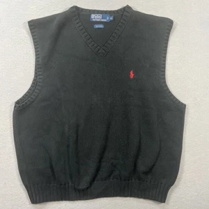 Polo by Ralph Lauren Vintage Men's Large Black Cotton Sweater Vest Fast Ship - Picture 1 of 7
