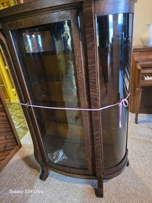 Antiguo gabinete de porcelana de vidrio curvo frontal con arco de roble tigre ~ ¡Hermoso! RECOGIDA LOCAL Foto 1 de 4