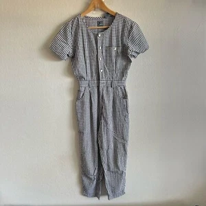 LIZ WEAR Vintage 90s Black White Gingham Short Sleeve Jumpsuit Womens 2 Petite - Picture 1 of 8