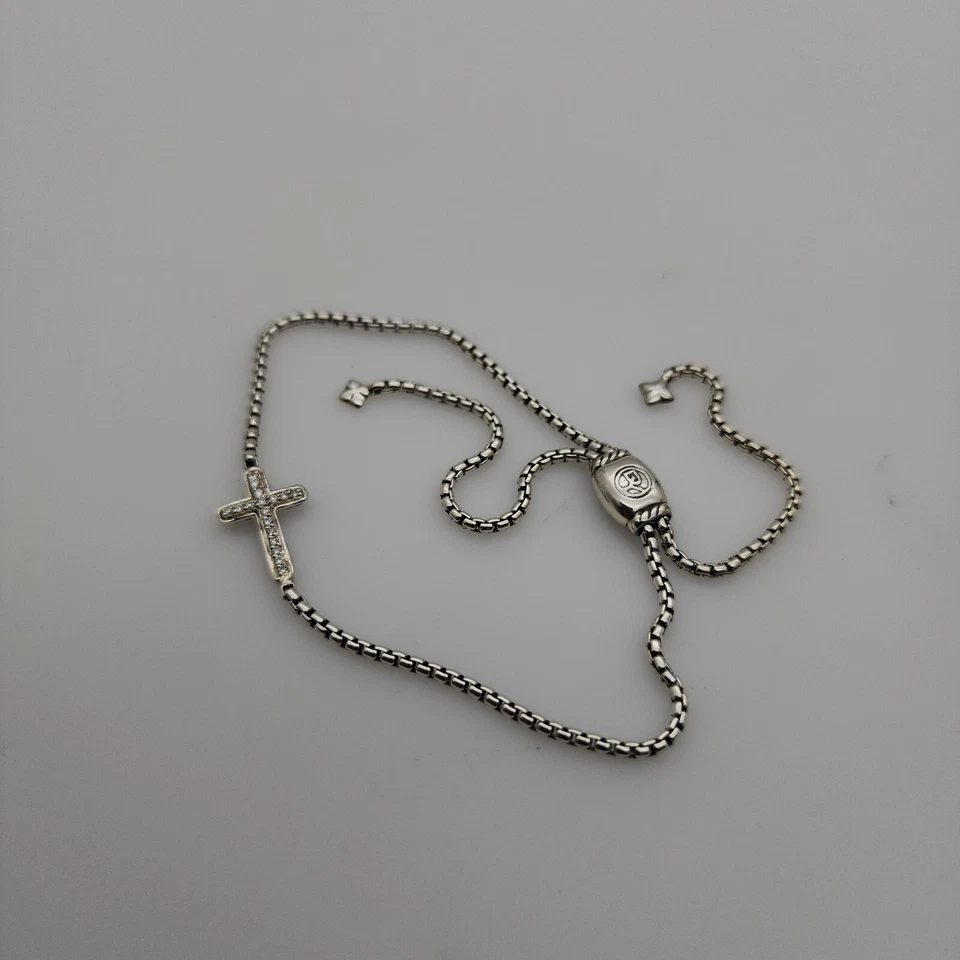 David Yurman 纯银可调节盒链式手链 带钻石十字架 — 第 1/4 张图片