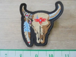 COLORFUL COW SKULL W/HANGING FEATHER CLOTH IRON-ON PATCH 3X3' - Picture 1 of 2