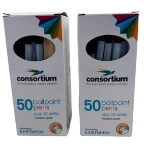100 Consortium Black Ink Medium Tip Ballpoint Pens Handwriting + 20 Pen Refills - Picture 1 of 6