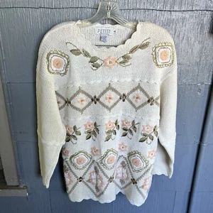 Vintage Petite Sophisticate Sweater Womens M Ivory Floral Embroidery Cottage - Picture 1 of 4