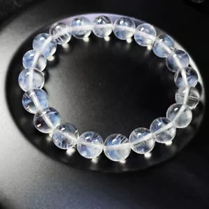 Bracciale Cristallo Quarzo 9,5mm Naturale Trasparente Bianco Blu”Piuma” AAA - Foto 1 di 6