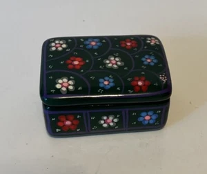 Hand Painted Green Clay Trinket Box with Flowers - Picture 1 of 4