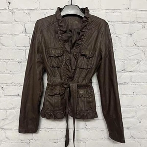 DollHouse Groovy brown faux leather jacket cinched waist ruffles size m - Picture 1 of 9