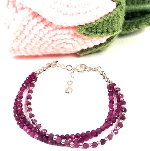 Red Ruby & 925 Sterling Silver Bracelet- Triple Strand - Handcrafted 7-8" - Picture 1 of 7