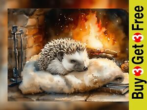 Cozy Hedgehog by Fireplace Watercolor Painting Print 5"x7" on Matte Paper