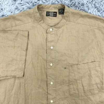 Structure Le Collezioni Shirt Men’s XL Khaki NWOT VTG 90 100% Linen Band Collar - Image 1 of 4