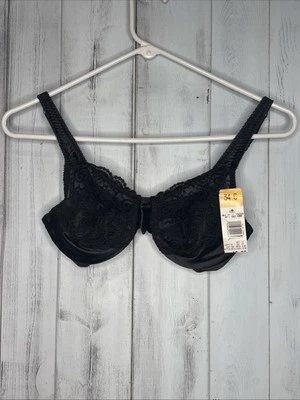 NWT Vintage Vassarette Bra Size 34C Second Skin Satin Black Lace Underwire 75014 - Image 1 of 4