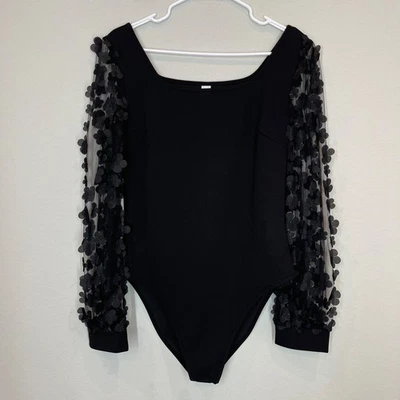 Body Negro Para Mujer L Floral Apliques Malla Manga Elastizado Cuello Cuadrado A Presión Foto 1 de 4