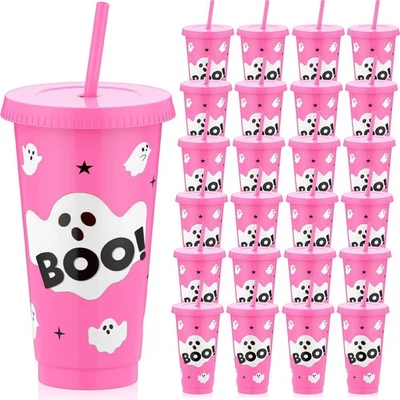Skylety 24 Piezas 24oz Tazas de Plástico de Halloween con Tapas y Negro、blanco、rosa  Foto 1 de 4