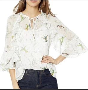 Ted Baker Sheer Hummingbird Print Ruffle Flutter Blouse Metallic Top Sz 0 US 2 - Picture 1 of 12