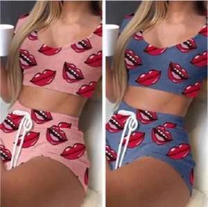 Sexy Summer Red Lips Female Sleepwear Pajamas Beachwear Party 2pcs Top+Pants - Picture 1 of 10