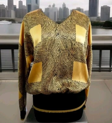 Vtg 90s Gold Black Top Womens 12 Leslie Fay Retro V Neck Long Sleeve Pullover - Изображение 1 из 4
