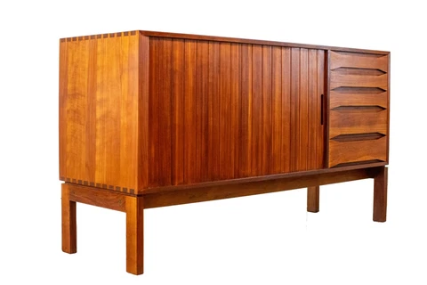 Solid Teak Tambour Door Credenza by Johannes Aasbjerg Danish Mid century Modern Cover