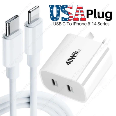 PD 40W Fast Wall Charger Power Adapter 20W USB C Cable For iPhone 11 12 13 14 XS - Image 1 of 4