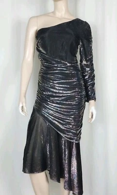 Vtg 80s one shoulder lurex metallic sparkle ruched party dress black silver S - Imagem 1 de 4