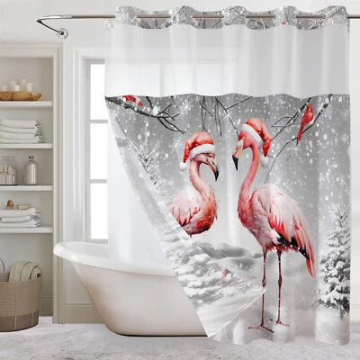 No Hook Shower Curtain with Snap in Liner Pink Flamingo Christmas Shower Curtain - Image 1 of 4