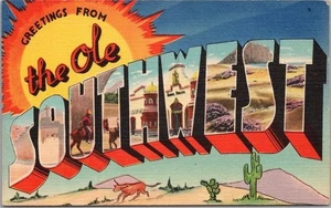 1940s "Greetings The OLE SOUTHWEST" Large Letter Postcard NM AZ Texas / LINEN - Picture 1 of 2