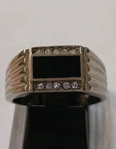 Black Onyx Enamel Ring – Silver Tone Stainless Steel, Men’s Size 10 - Picture 1 of 6