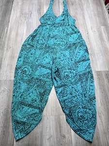 Vintage 90s Womens Romper Scoop Neck Tank Artsy Tribal Floral Teal Size Medium - Picture 1 of 7