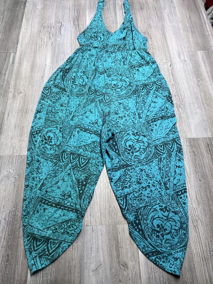 Vintage 90s Womens Romper Scoop Neck Tank Artsy Tribal Floral Teal Size Medium - Image 1 of 4