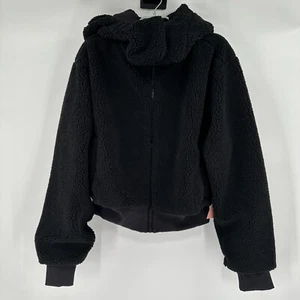 Quince Women's Sherpa Jacket in Black sz L NWT Removable Hood Full Zip - Picture 1 of 10