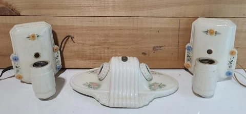 Lot 3 VINTAGE FLORAL PORCELAIN ART DECO WALL SCONCES, TWO LIGHT CEILING FIXTURE Cover