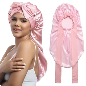 Long Satin Bonnet for Women - Double Layer Elastic Silk Bonnet for Braids Hair S - Picture 1 of 12