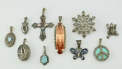 Lot of 10 - Sterling Silver Marcasite Multi Gemstones Pendants  - Image 1 of 3