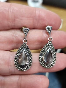 VINTAGE STERLING SILVER ABALONE & MARCASITE STONES DROP EARRINGS 925  - Picture 1 of 4