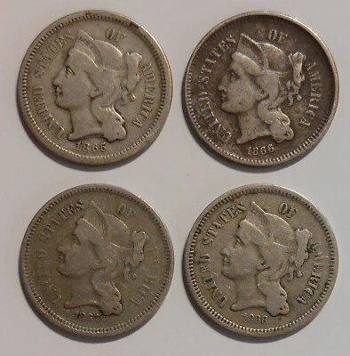 ✰ 1865 1866 1867 1868 US 3c 3 CENT NICKEL Coin Set Run Lot, 1st 4 Years Minted ✰ - Image 1 of 2