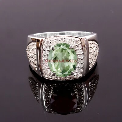 Verde Naturale Ametista Gemma Con 18k Bianco Argento Placcato Oro Uomo Anelli # - Immagine 1 di 4