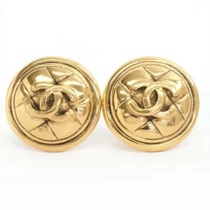Orecchini CHANEL CC Loghi Trapuntati Matelasse Rotondi Clip-On Tono Oro Autentici #0002 - Foto 1 di 5