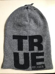 True Religion Men's Hat Gray One Size Ribbed Knit Spellout Block letters Beanie