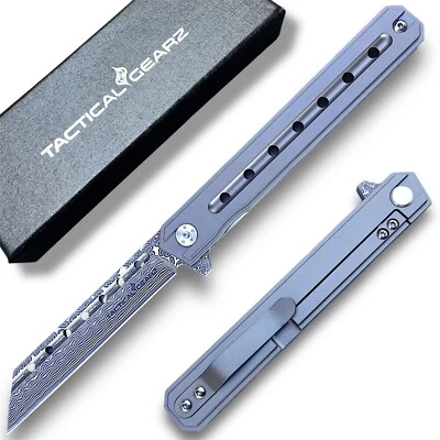 Full Tc4 Titanium EDC Folding Knife! Damascus Steel Tanto Blade! Ball Bearing! - Image 1 of 4