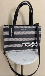 NWT KARL LAGERFELD PARIS Black Tan Logo Striped Tote Top Handle Crossbody $230 - Picture 1 of 6