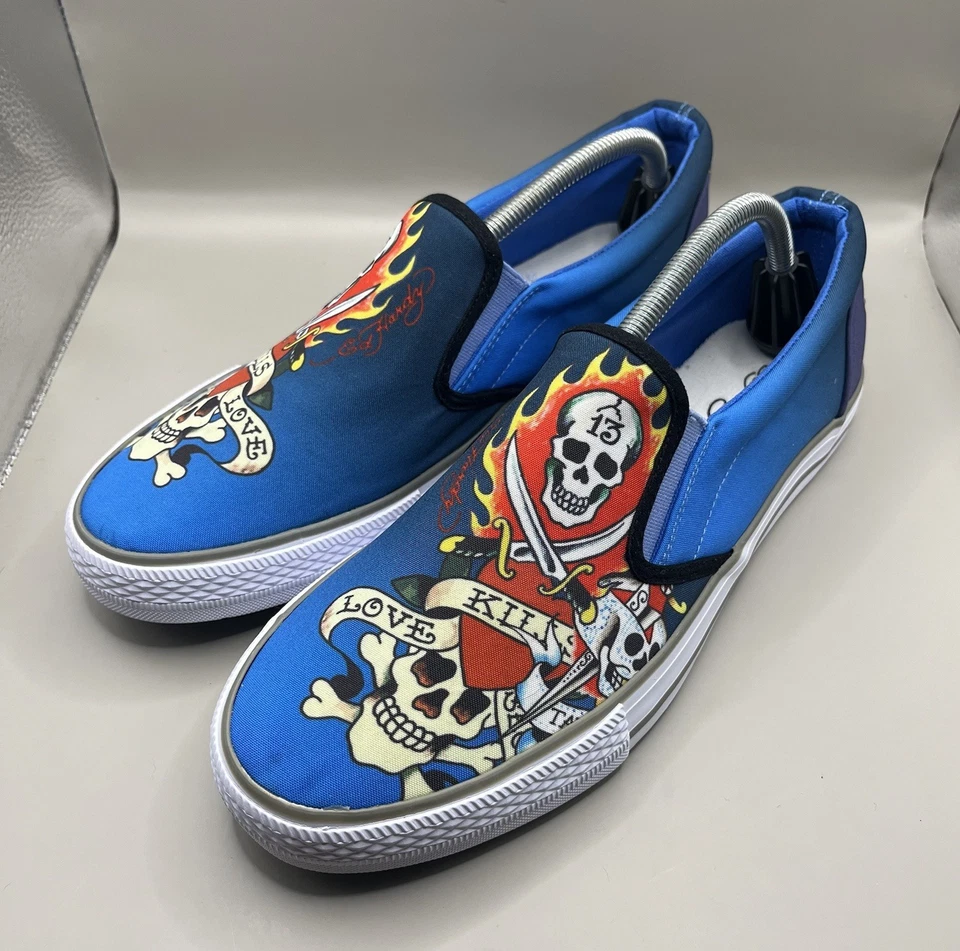 Ed Hardy Low Top Canvas Slip On Skull Blue Love Kills Slowly Shoes Men Size 9.5 - Image 1 of 4