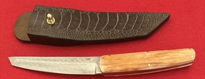 Jim Ort OZ Custom Damascus Tanto Tactical Fixed Blade Knife, Ostrich Sheath - Image 1 of 4