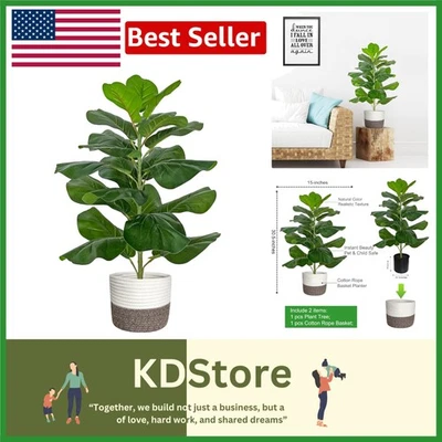 Hoja de violín artificial higuera en elegante cesta de cuerda de algodón Foto 1 de 4