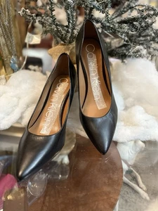 Calvin Klein Gayle Black Leather SZ 7 - 3.5" Heel silver plate - Picture 1 of 12